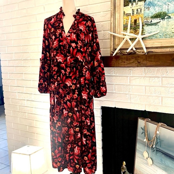 Terra & Sky Winter Dress Size 2X, Womens Red,Black,Flora,Long Sleeve,OOZES class - Picture 2 of 9